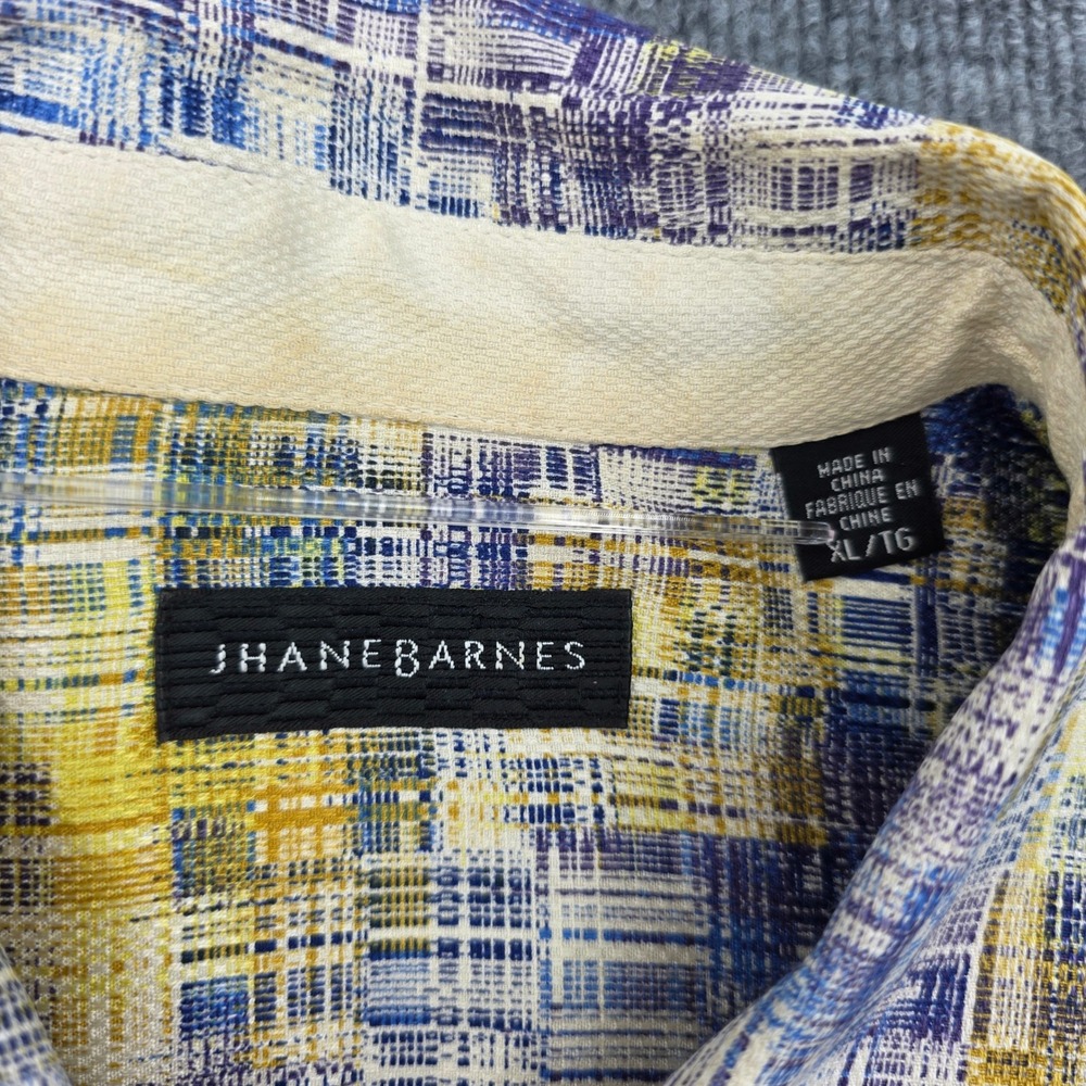 Jhane Barnes Mens XL Silk Short Sleeve Button Down Shirt Abstract Grid Blue Gold - Picture 4 of 7